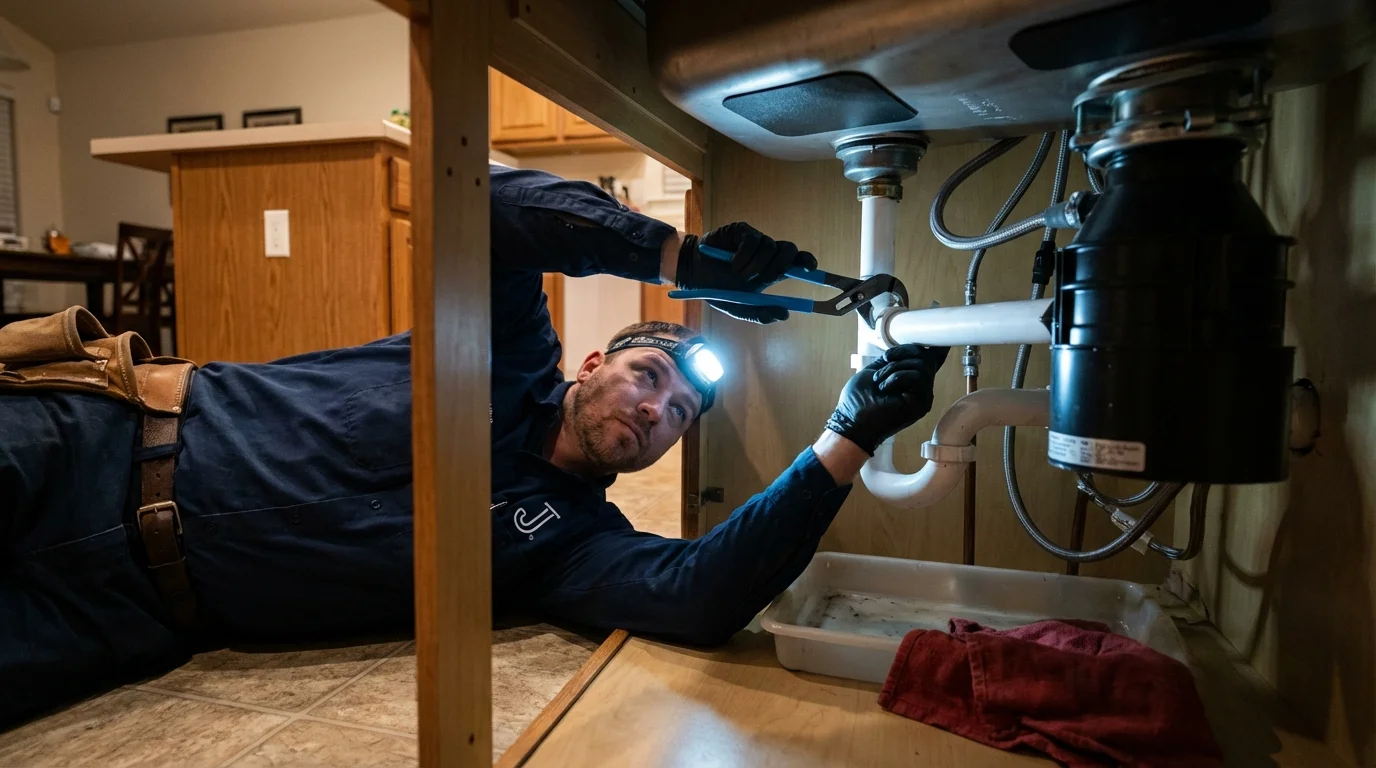 P-trap and supply line connections under a kitchen sink showing a common leak point in Boqueron, PR